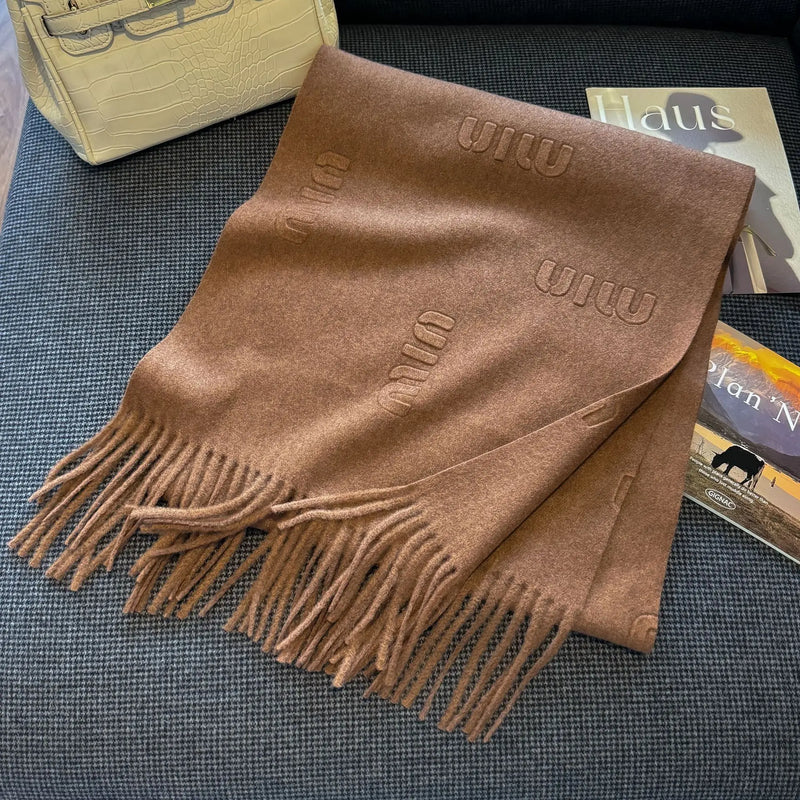 Fashion Design Blend Wool Scarf Women Embossed Simple Warm Muffler Female New Type Imitation Cashmere Thick Fringed Shawl Ladies