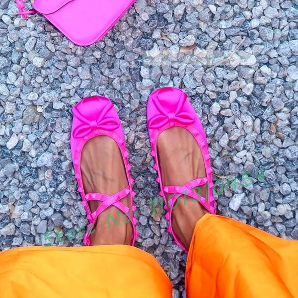 Red Silk Ballet Casual Flat Shoes Women Luxury Butterfly Knot Rivets Decor Sandals Summer Ladies Runway Outfit Cross Strap Shoe