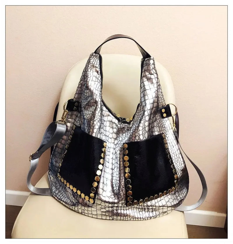 Women Fashion Vegan Leather Big Capacity Handbag 2024 Oversized Alligator Rivet Holographic Work Laptop Silver Hobo Slouchy Bag