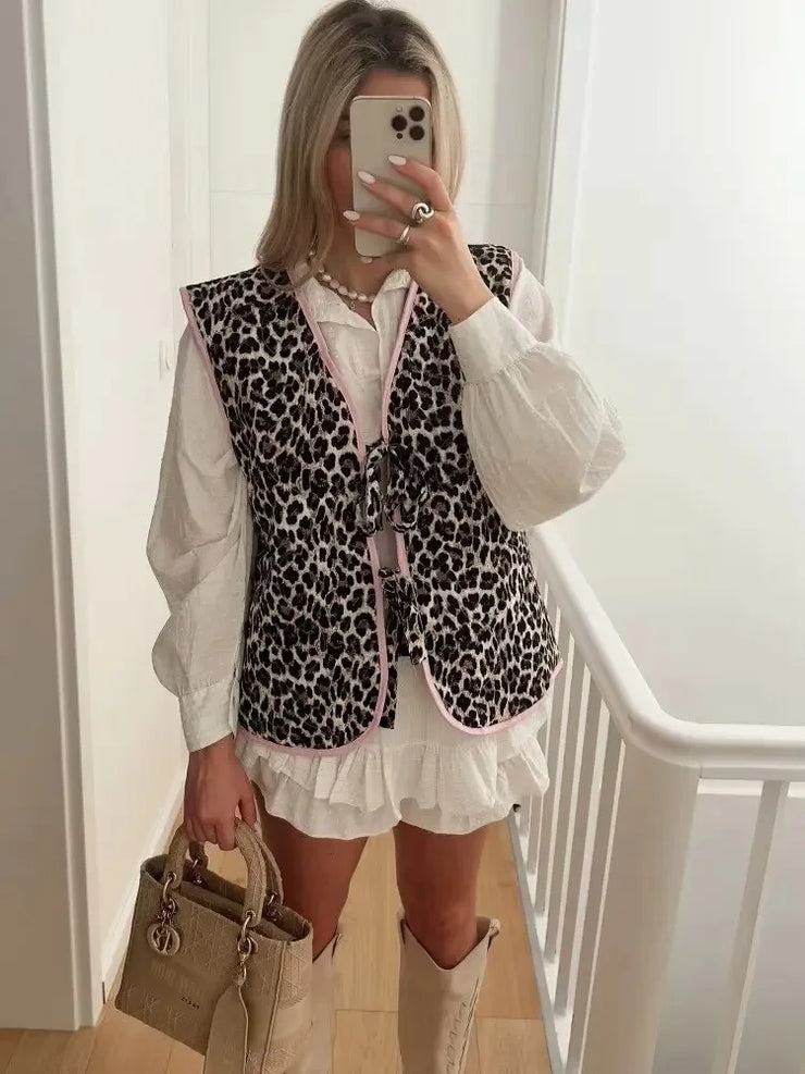 Short Leopard Pattern Edge Bow Decoration Sweet Pressed Cotton Front Sleeveless V-Neck Vest Casual Thick Quilted Jacket Cardigan