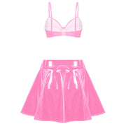 Womens Wet Look Patent Leather Bra Skirts Set Wire-free Bra Top with Zipper Flared Mini Skirt Lingerie Night Club Costume