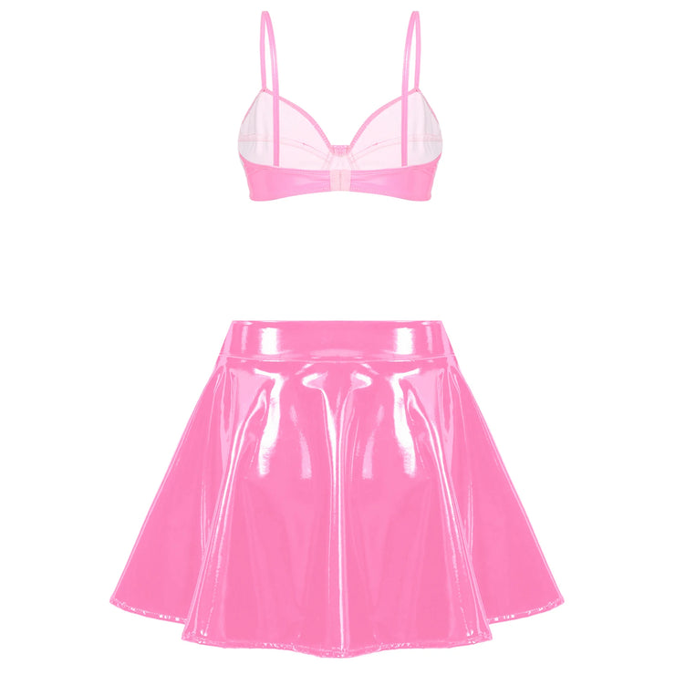 Womens Wet Look Patent Leather Bra Skirts Set Wire-free Bra Top with Zipper Flared Mini Skirt Lingerie Night Club Costume