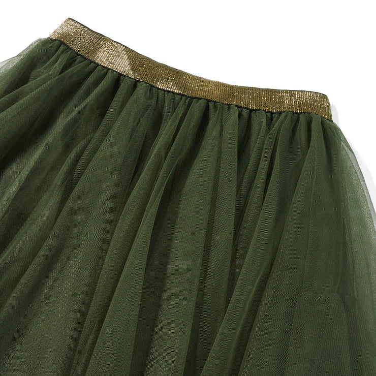 Women Green Midi Skirts Solid Color Elastic High Waist Irregular Ruffles Multi-Layered Tulle Tutu Skirts Female High Streetwear