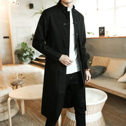 Trench Coat Men Fake two Pieces Cardigan Kimono Embroidered Coat Male Long Chinese Style Black Loose Vintage Cotton Linen Jacket