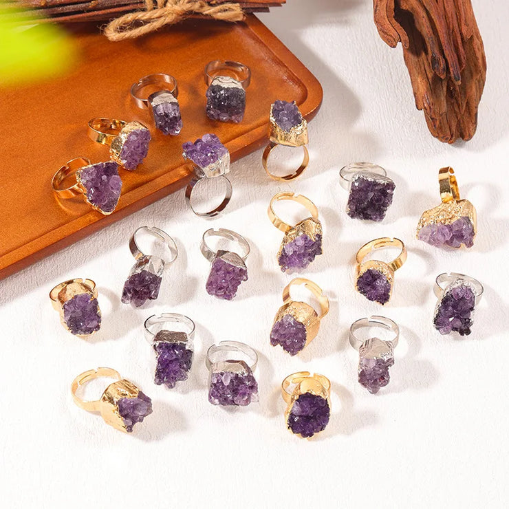 Natural Crystal Reiki Rings Raw Irregular Amethyst Cluster Geode Druzy Adjustable Finger Ring Resizable