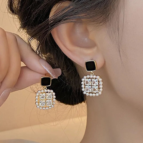 925 Silver Needle Korean Fashion Square Pearl Drop Earrings For Women Jewelry 2024 Trending New Women's Vintage Zircon Earrings