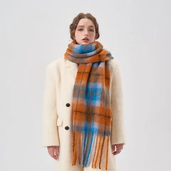 2023Autumn/WinterNew Mohair Plaid Women's Scarf Alpaca Wool Blended Contrast Plaid Tassel Couple Scarf Wool Thickened Warm Shawl