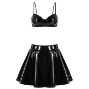 Womens Wet Look Patent Leather Bra Skirts Set Wire-free Bra Top with Zipper Flared Mini Skirt Lingerie Night Club Costume