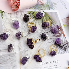 Natural Crystal Reiki Rings Raw Irregular Amethyst Cluster Geode Druzy Adjustable Finger Ring Resizable