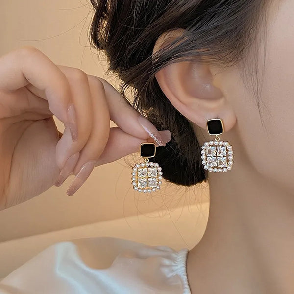 925 Silver Needle Korean Fashion Square Pearl Drop Earrings For Women Jewelry 2024 Trending New Women's Vintage Zircon Earrings