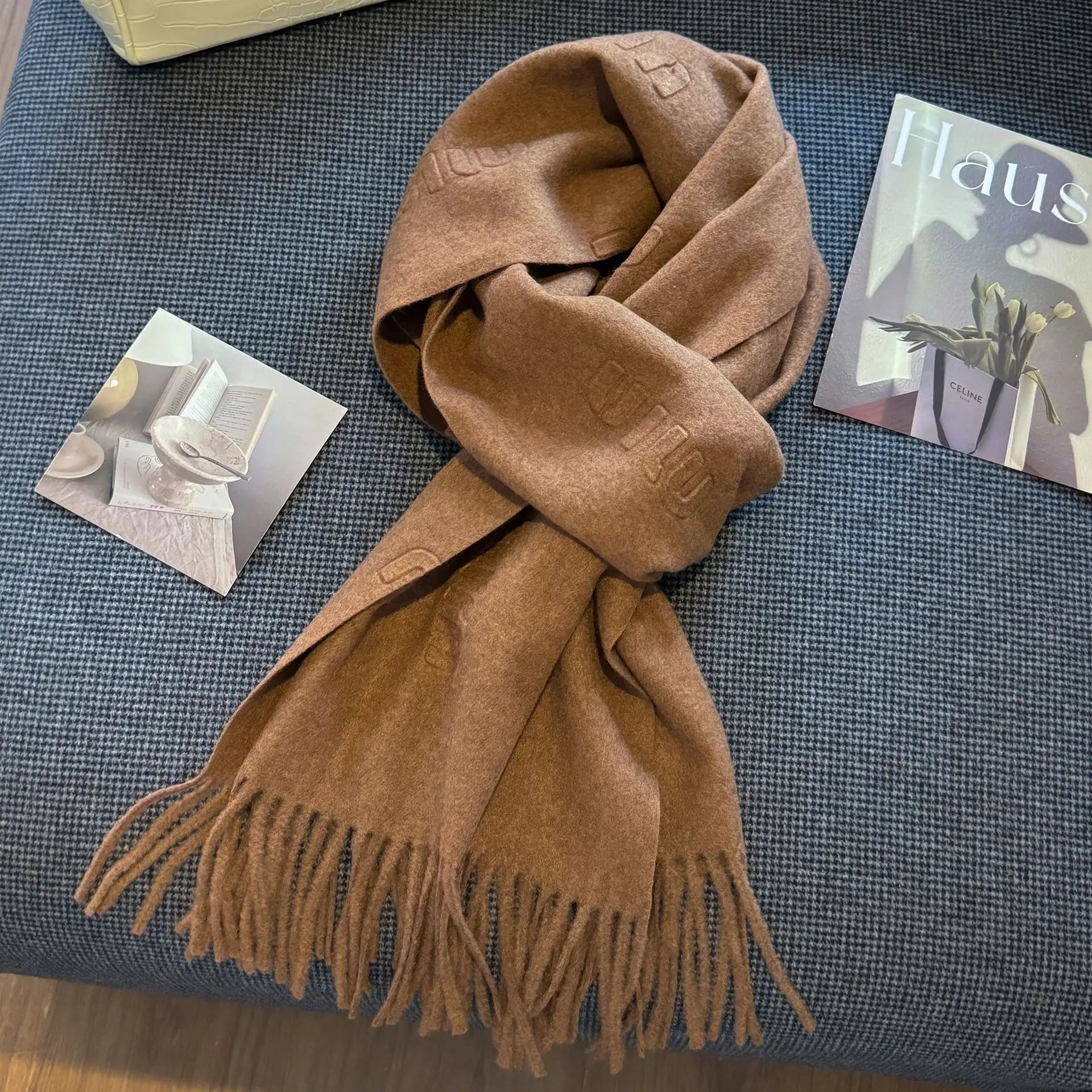 Fashion Design Blend Wool Scarf Women Embossed Simple Warm Muffler Female New Type Imitation Cashmere Thick Fringed Shawl Ladies
