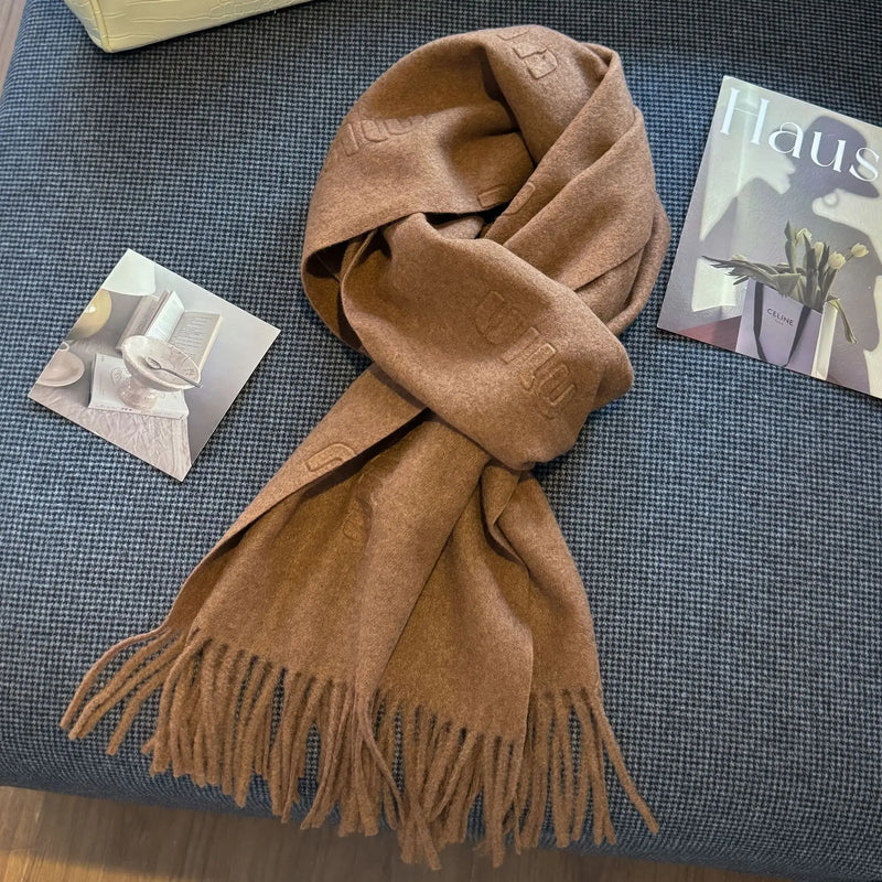 Fashion Design Blend Wool Scarf Women Embossed Simple Warm Muffler Female New Type Imitation Cashmere Thick Fringed Shawl Ladies