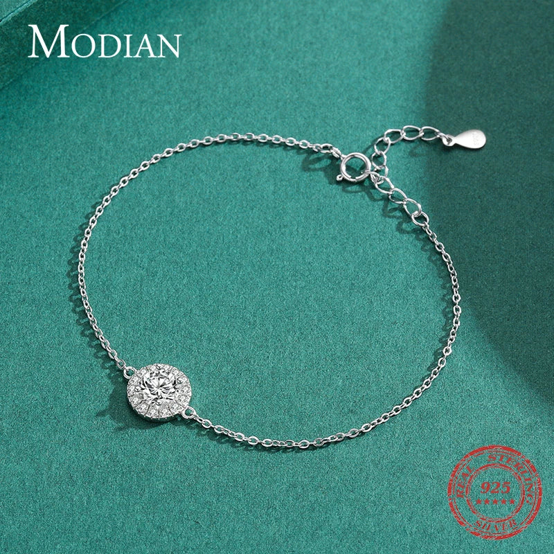 MODIAN Pure 925 Sterling Silver Luxury 1.0Ct Sparkling Clear CZ Link Chain Charm Bracelet For Women Wedding Engagement Jewelry