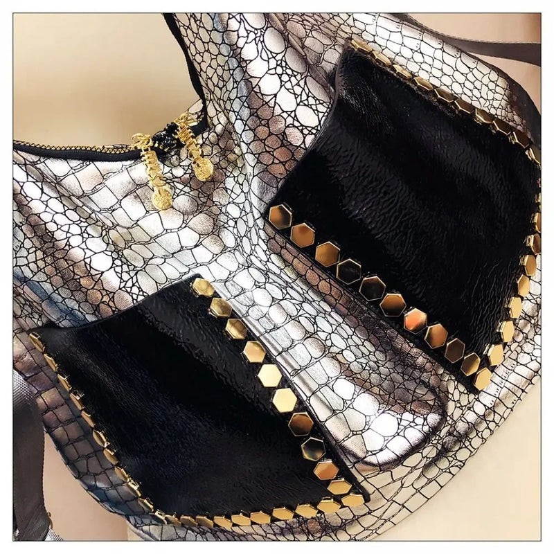 Women Fashion Vegan Leather Big Capacity Handbag 2024 Oversized Alligator Rivet Holographic Work Laptop Silver Hobo Slouchy Bag