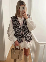 Short Leopard Pattern Edge Bow Decoration Sweet Pressed Cotton Front Sleeveless V-Neck Vest Casual Thick Quilted Jacket Cardigan