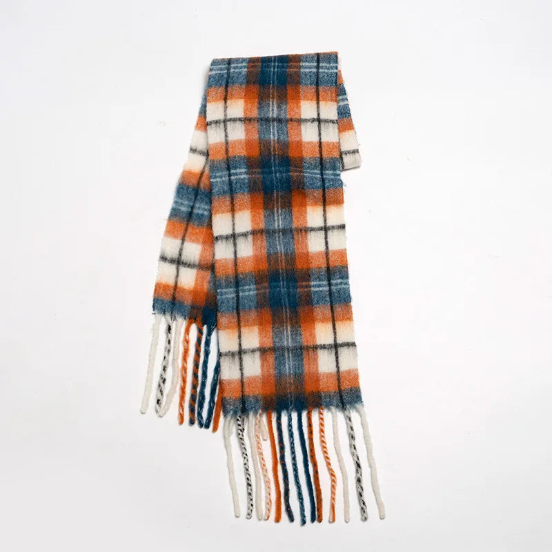 2023Autumn/WinterNew Mohair Plaid Women's Scarf Alpaca Wool Blended Contrast Plaid Tassel Couple Scarf Wool Thickened Warm Shawl