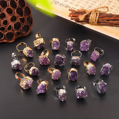 Natural Crystal Reiki Rings Raw Irregular Amethyst Cluster Geode Druzy Adjustable Finger Ring Resizable