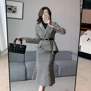 Luxury Autumn Winter Women 2 Piece Set Outfits Houndstooth Set Belt Irregular Blazer Coats And High Waist Pencil Mermaid Skirts