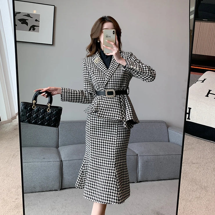 Luxury Autumn Winter Women 2 Piece Set Outfits Houndstooth Set Belt Irregular Blazer Coats And High Waist Pencil Mermaid Skirts