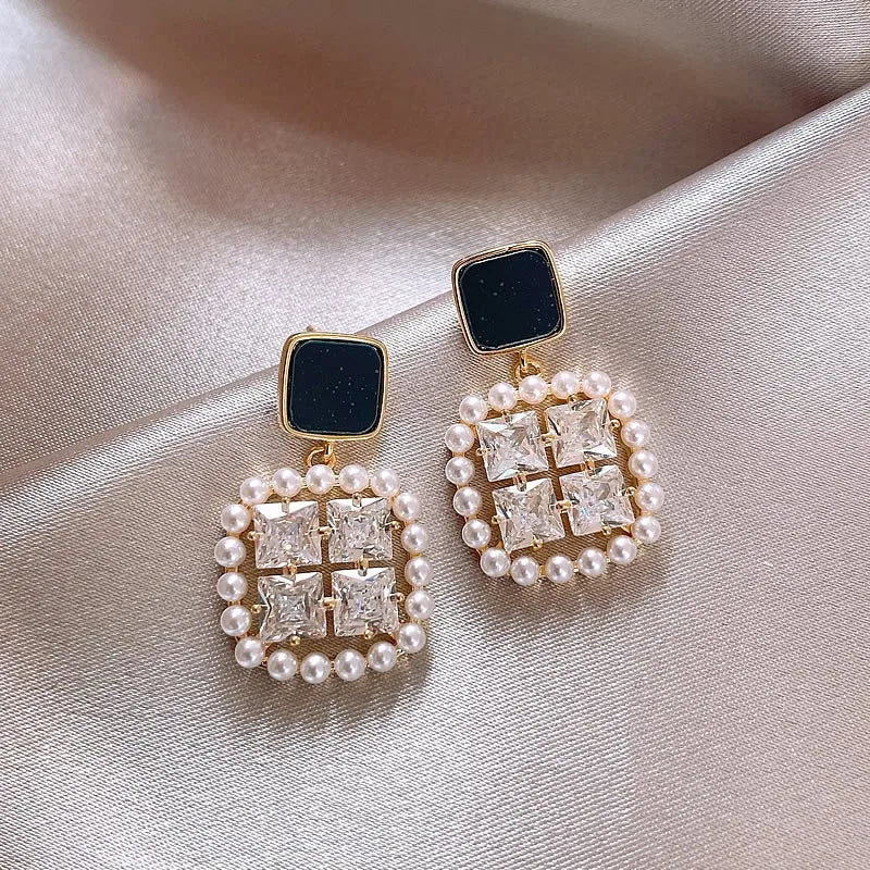 925 Silver Needle Korean Fashion Square Pearl Drop Earrings For Women Jewelry 2024 Trending New Women's Vintage Zircon Earrings