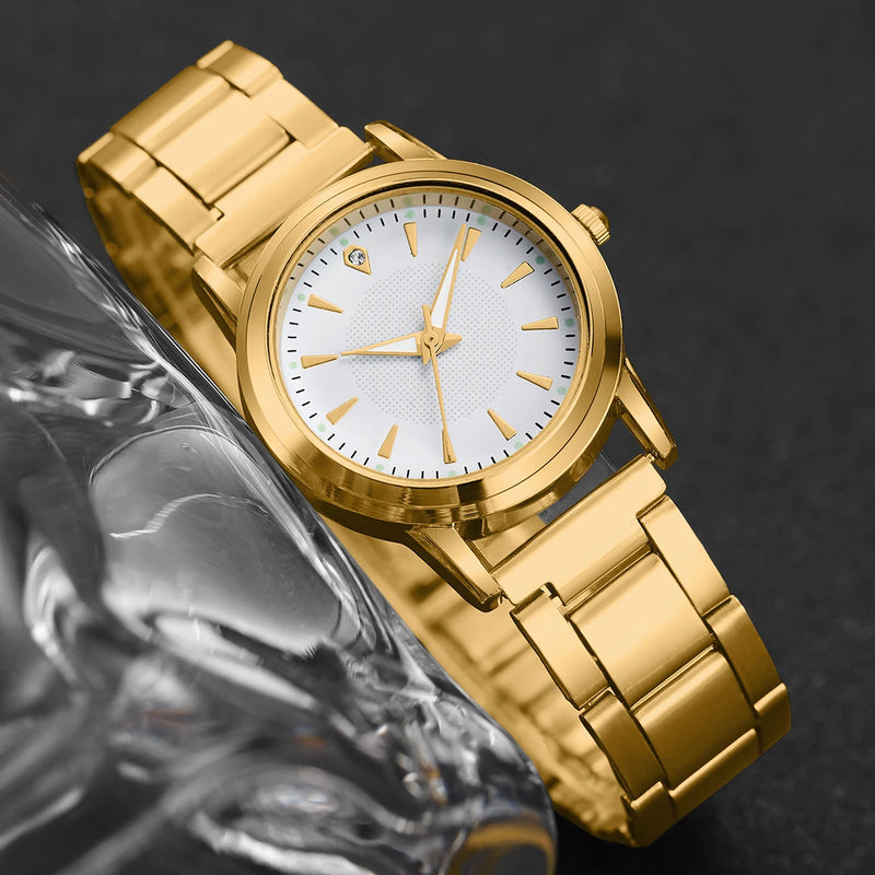 6PCS/Set Women Watches Fashion Gold Plated Band Ladies Quartz Watch Rhinestone Jewelry Set Reloj Mujer（Without Box）