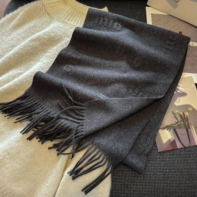 Fashion Design Blend Wool Scarf Women Embossed Simple Warm Muffler Female New Type Imitation Cashmere Thick Fringed Shawl Ladies