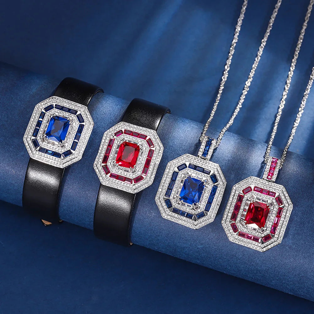 Trend 8*10mm Sapphire Ruby Necklace Pendant Bracelet Vintage  Jewelry Sets for Women Gemstone Wedding Cocktail Party Accessories