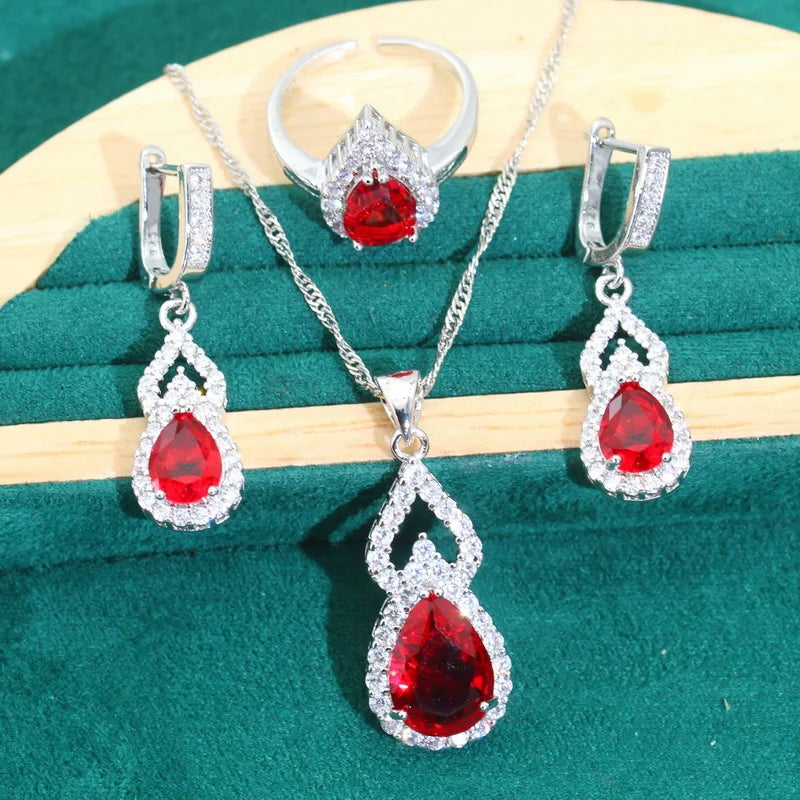 Droplet Shaped Silver 925 Jewelry Sets For Women Red Zircon Earrings Necklace Pendant Open Ring Bracelet Dating Dating Gifts
