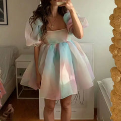 2023 Women Short Puff Sleeve Big Hem Dress Summer Tie-dyed Printing Square Collar Bubble Party Dresses Female Sundress Vestidos