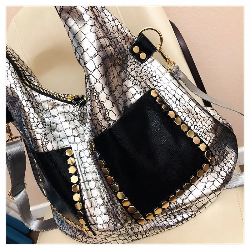 Women Fashion Vegan Leather Big Capacity Handbag 2024 Oversized Alligator Rivet Holographic Work Laptop Silver Hobo Slouchy Bag