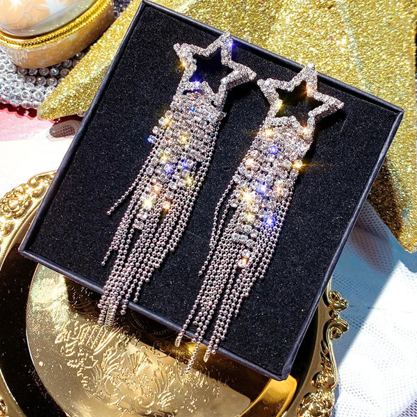 FYUAN Fashion Long Tassel Crystal Earrings for Women Bijoux Luxury Shiny Gold Color Star Rhinestone Dangle Earrings Jewelry Gift