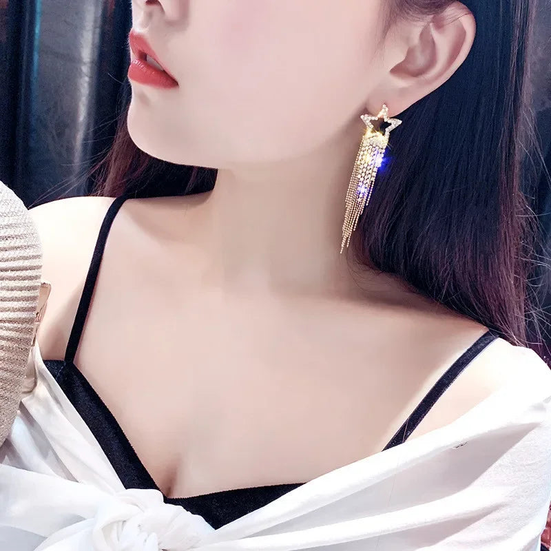 FYUAN Fashion Long Tassel Crystal Earrings for Women Bijoux Luxury Shiny Gold Color Star Rhinestone Dangle Earrings Jewelry Gift
