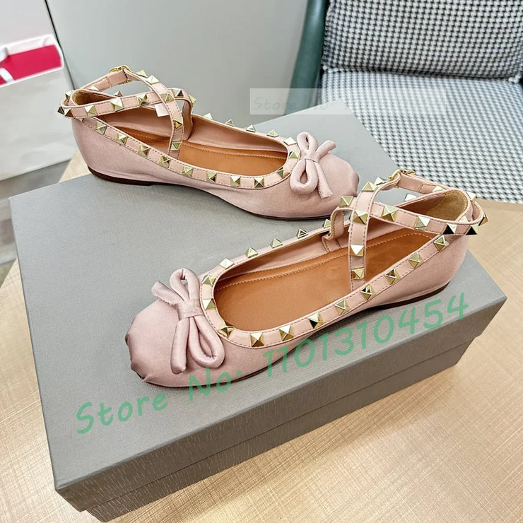 Red Silk Ballet Casual Flat Shoes Women Luxury Butterfly Knot Rivets Decor Sandals Summer Ladies Runway Outfit Cross Strap Shoe