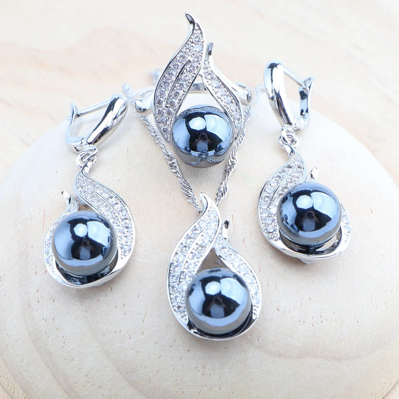 925 Silver Black Pearl Jewelry Sets Bridal White Zircon Wedding  Rings Earrings Pendant Necklace Bracelets Set