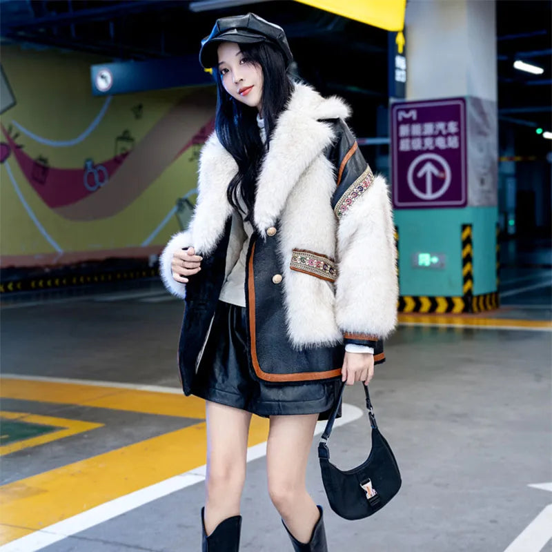 2024 Winter Clothes Fashion High-End Imitation Mid-Length Coat Loose Warm Long Sleeve Elegant Streetwear Women's Fur Jacket