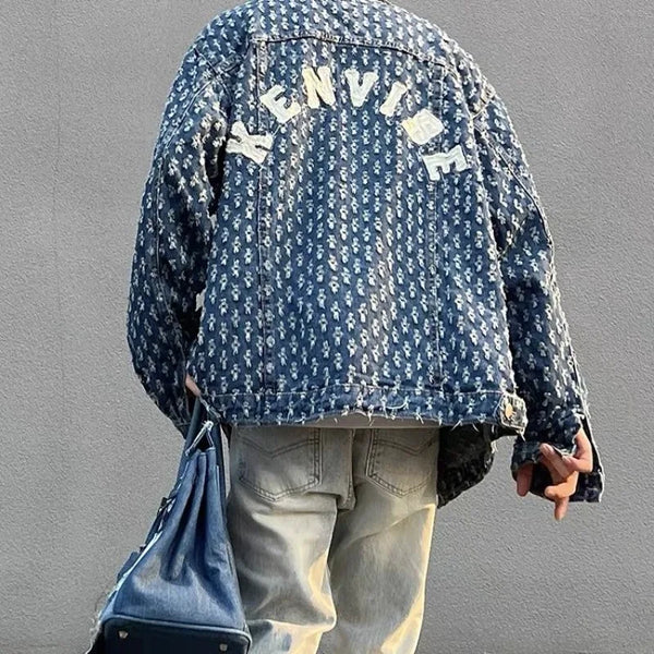 American street print hollow hole denim jacket personality trend men ins trend high street loose letter embroidery casual jacket