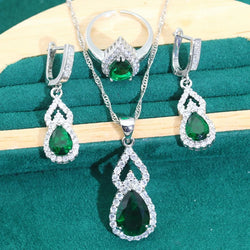 Droplet Shaped Silver 925 Jewelry Sets For Women Red Zircon Earrings Necklace Pendant Open Ring Bracelet Dating Dating Gifts