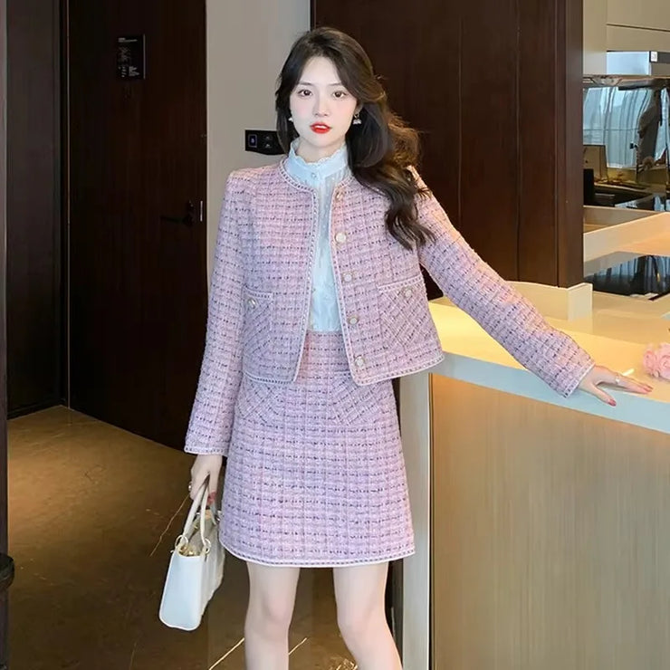 Insozkdg 2024 New Spring Autumn Elegant Women Suit Jacket Light Luxury High-end Pink Coat Top + A-line Skirt Two-piece Set Women