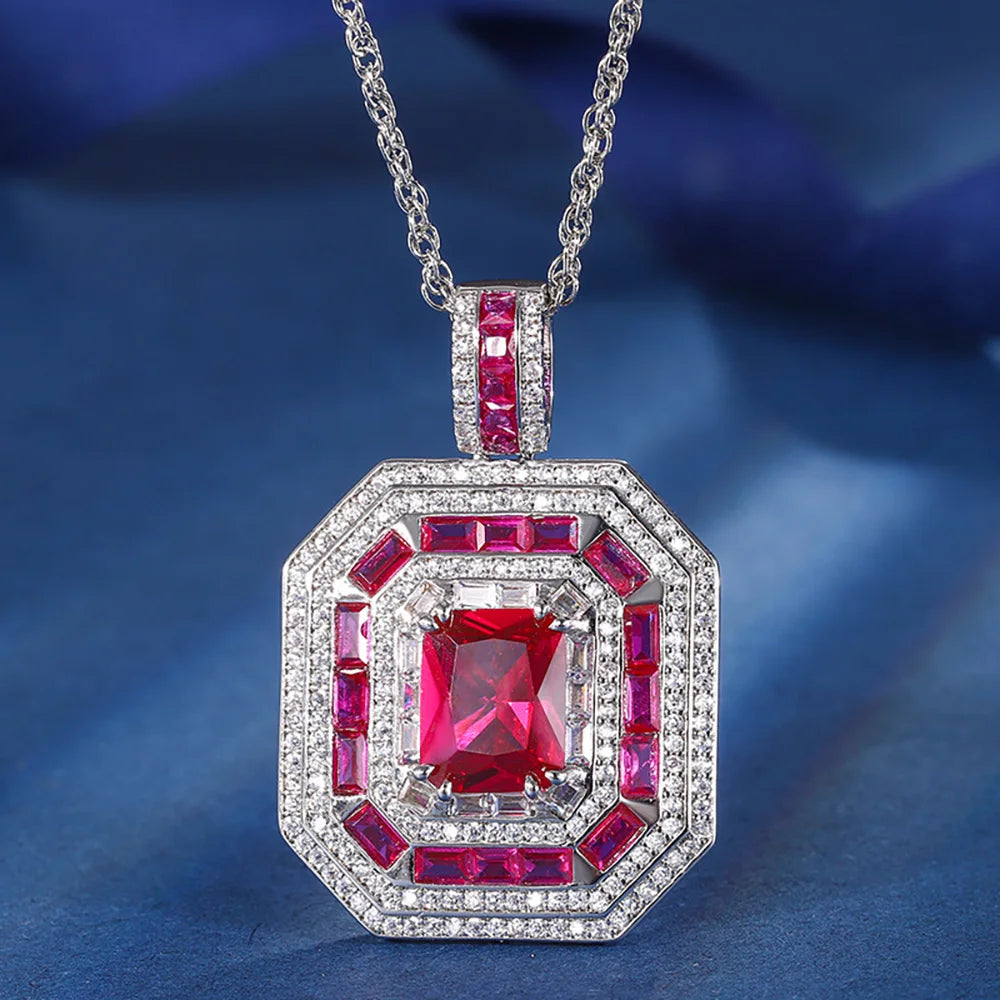 Trend 8*10mm Sapphire Ruby Necklace Pendant Bracelet Vintage  Jewelry Sets for Women Gemstone Wedding Cocktail Party Accessories