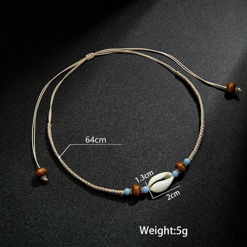Bohemian Ethnic Style Shell Necklace Wooden Beaded Pendant Weaving Adjustable Necklace for Unisex Vacation Party Jewelry