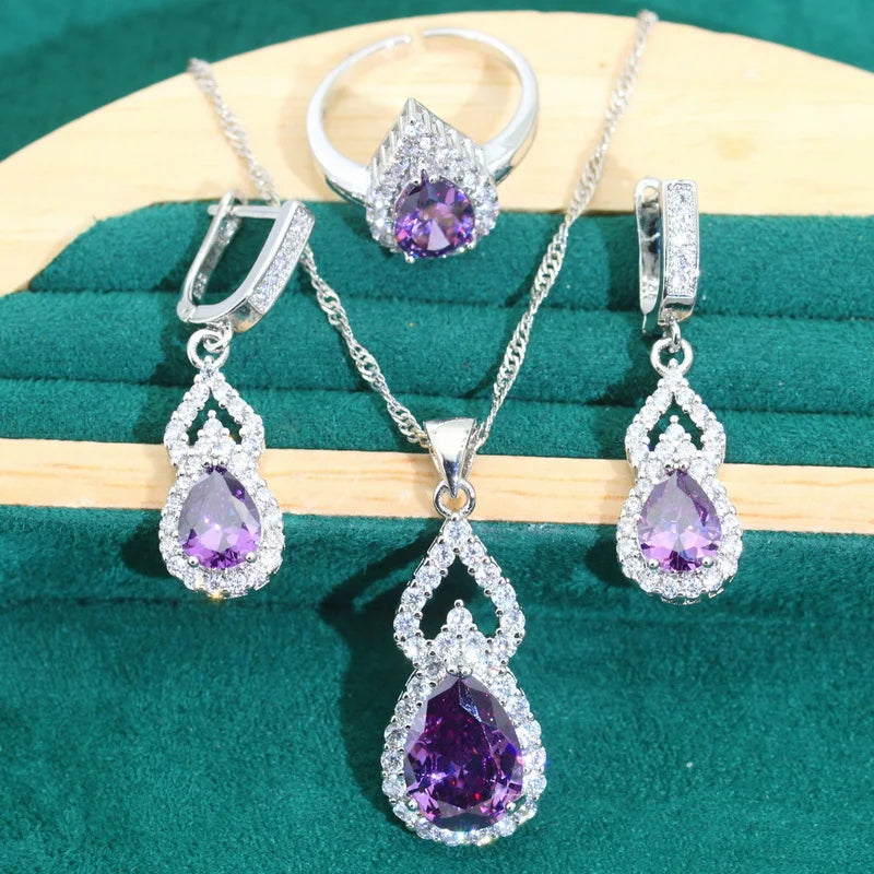 Droplet Shaped Silver 925 Jewelry Sets For Women Red Zircon Earrings Necklace Pendant Open Ring Bracelet Dating Dating Gifts