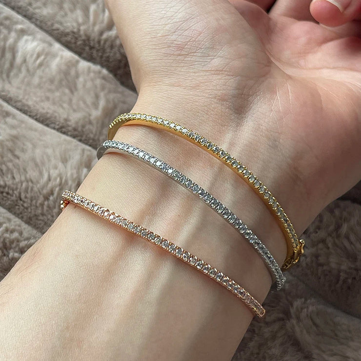 Pure 925 Sterling Silver Full Diamond Bracelet Classic Design Party Jewelry Friendship Bracelet Silver Bangle Rose Gold 17CM