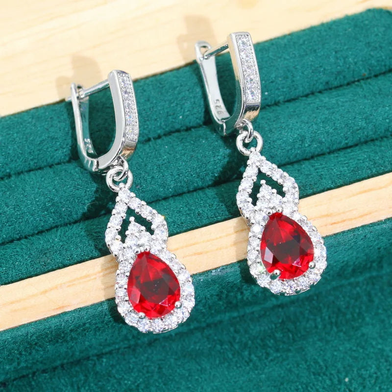Droplet Shaped Silver 925 Jewelry Sets For Women Red Zircon Earrings Necklace Pendant Open Ring Bracelet Dating Dating Gifts