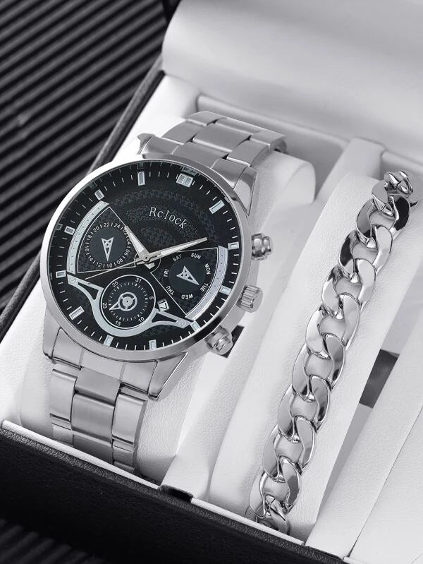 Men Round Pointer Quartz Watch & 1pc Bracelet