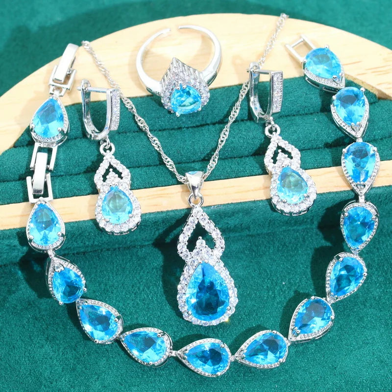 Droplet Shaped Silver 925 Jewelry Sets For Women Red Zircon Earrings Necklace Pendant Open Ring Bracelet Dating Dating Gifts