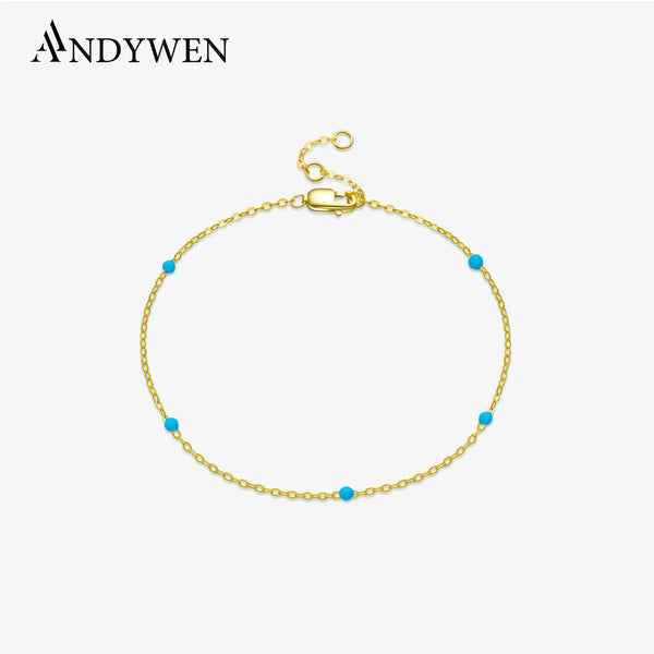 ANDYWEN 100% 925 Sterling Silver Gold Turquoise Chain Enamel Bracelet Luxury Women 2022 Women Charm Wedding Crystal Jewelry