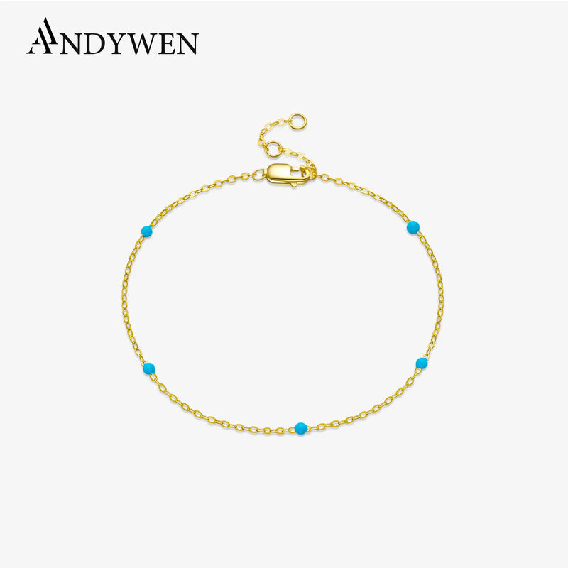 ANDYWEN 100% 925 Sterling Silver Gold Turquoise Chain Enamel Bracelet Luxury Women 2022 Women Charm Wedding Crystal Jewelry
