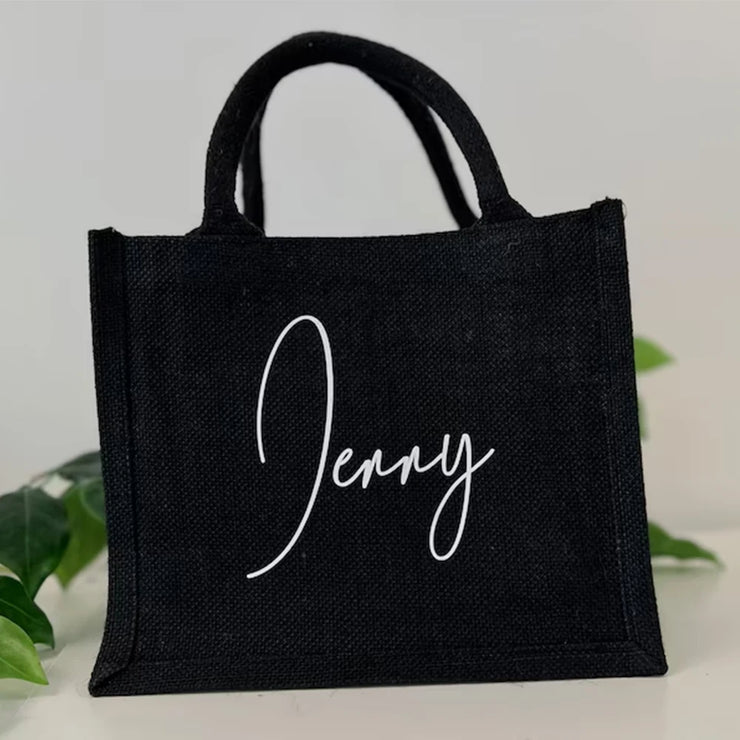 Personalised Black and White Burlap Tote Bag, Custom Bridesmaid Gift Beach Handbag, Reusable Shopping Bags, Bridal Shower Gifts