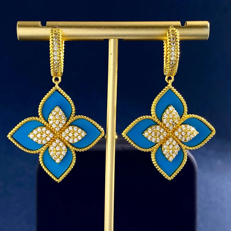 Luxury Fashion Italian Brand 4 Leaf Clover Drop Earrings Inlay Nature Shell Crystal Jewelry for Women Girl Party Gift
