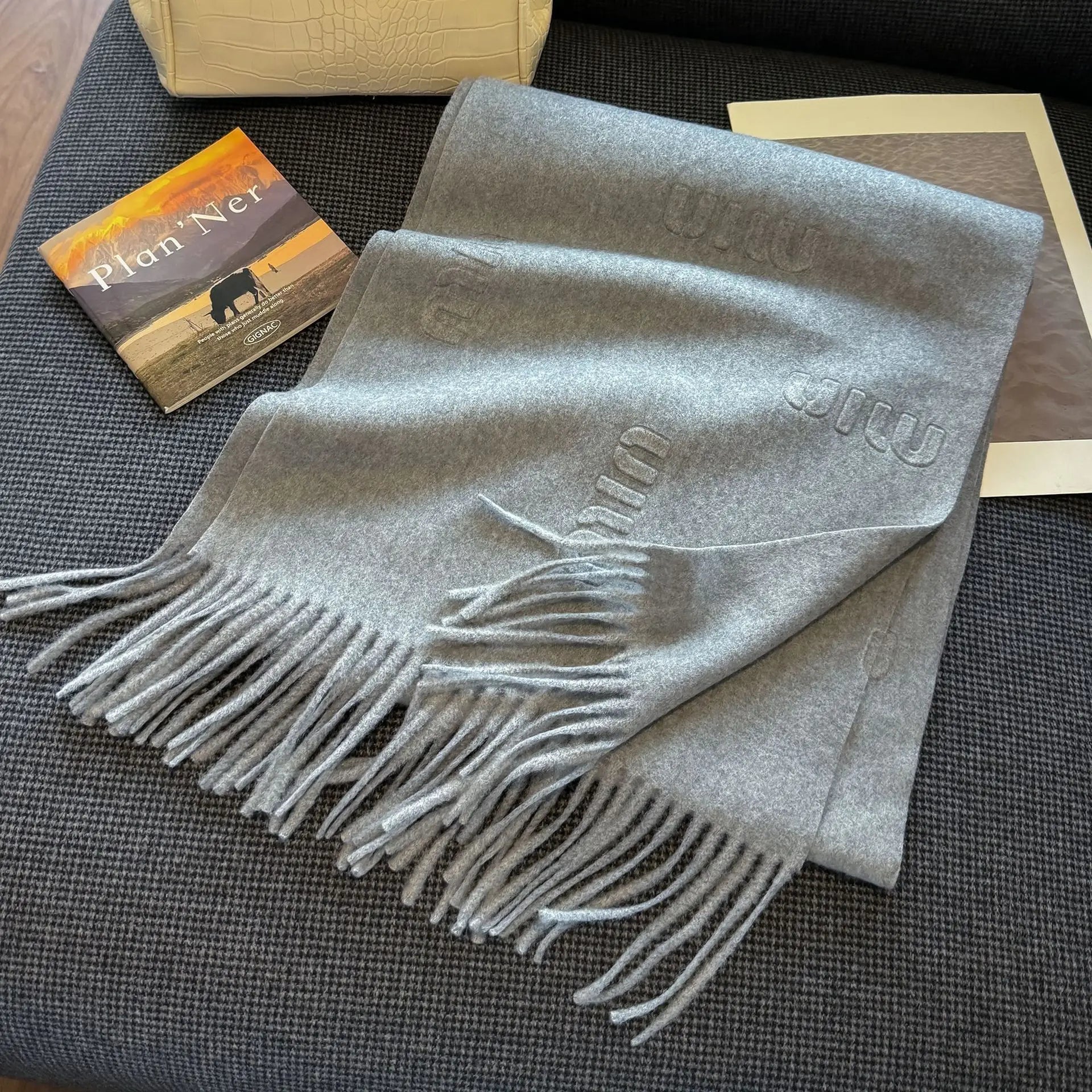 Fashion Design Blend Wool Scarf Women Embossed Simple Warm Muffler Female New Type Imitation Cashmere Thick Fringed Shawl Ladies